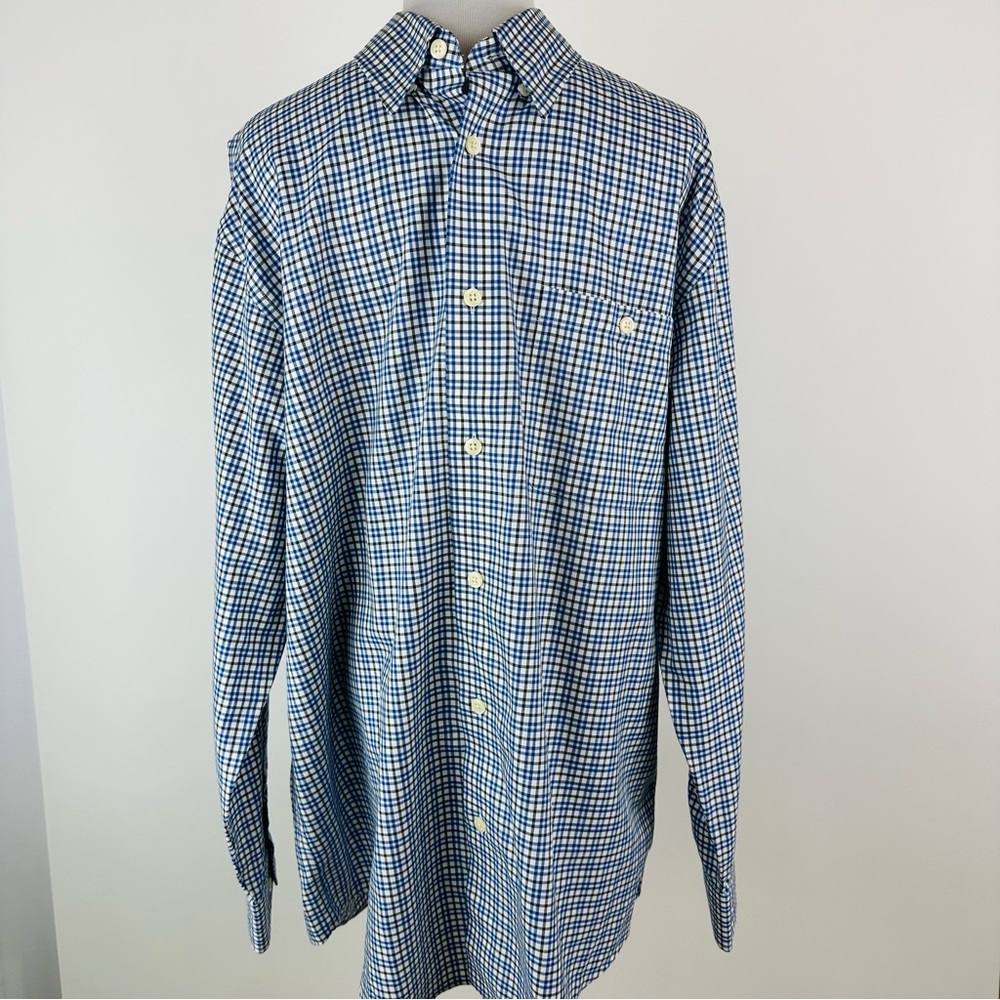 Orvis Blue Black Plaid Button Down Cotton Shirt Large